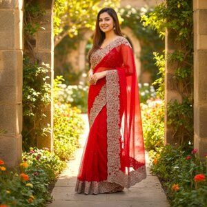 Pure Crape Red Saree with Silver Sequin Embroidery
